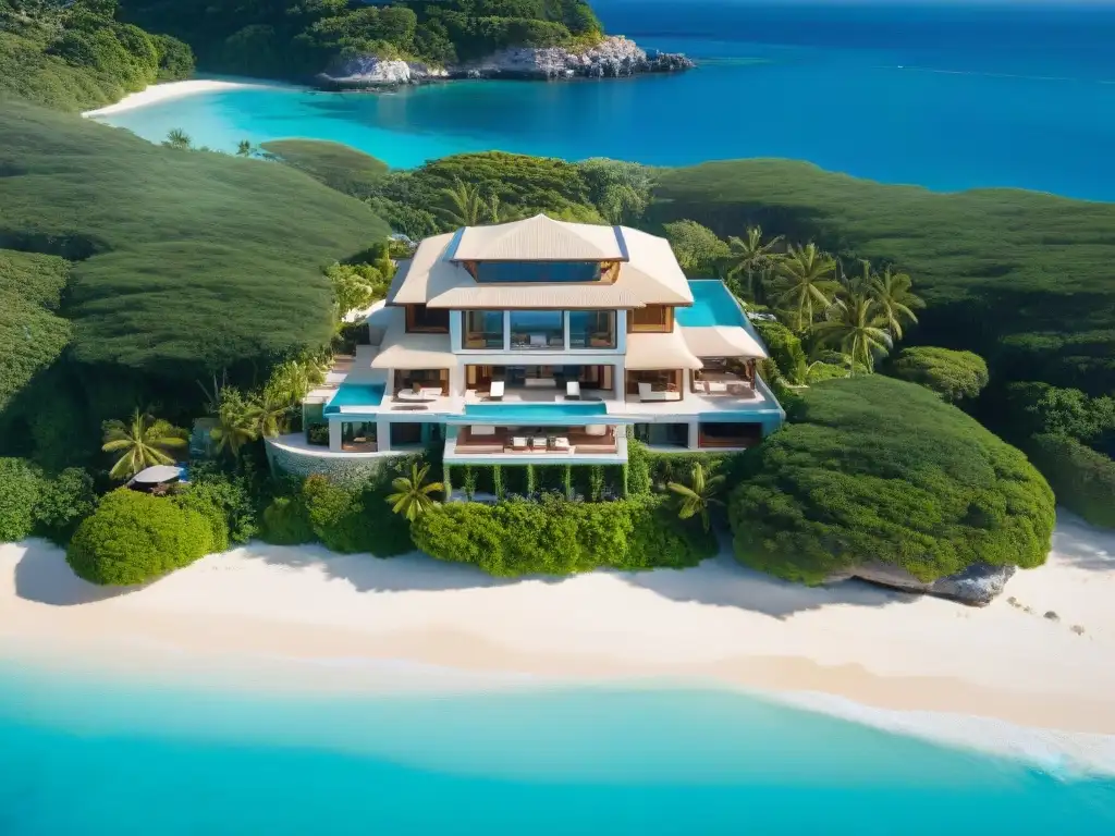 Exclusiva villa de lujo en playa paradisíaca Inversiones en propiedades costeras de lujo: Vista aérea de lujosa villa en playa tropical con aguas turquesa