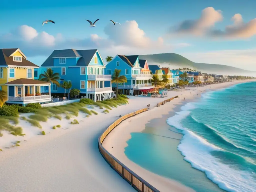 Costa tropical llena de vida: inversión inmobiliaria paradisíaca Inversiones en propiedades costeras: Paseo costero bullicioso con coloridas casas de playa y gente relajada
