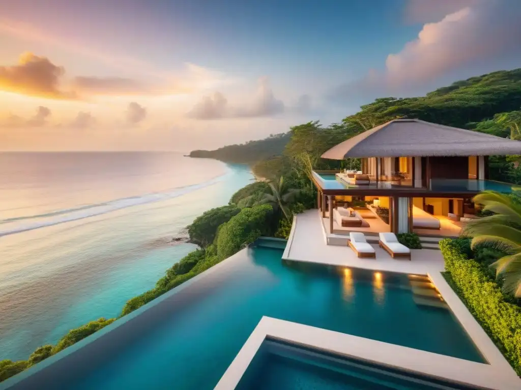 Villa de lujo frente al mar: atardecer en paraíso Inversiones rentables en propiedades costeras: Exclusiva villa costera al atardecer con piscina infinita privada y vistas al mar