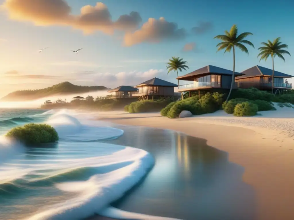 Propiedades de lujo en la costa al amanecer Inversiones rentables en propiedades costeras: Amanecer sereno en la costa con propiedades lujosas y palmeras junto al mar