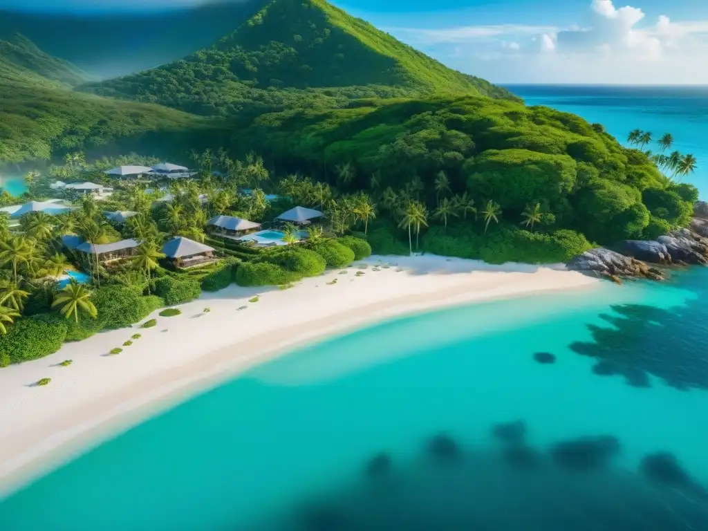 Propiedad costera de lujo: playa de arena blanca y aguas turquesas Inversiones rentables en propiedades costeras: Vista aérea de una propiedad costera con playa de arena blanca, aguas turquesas y palmeras verdes