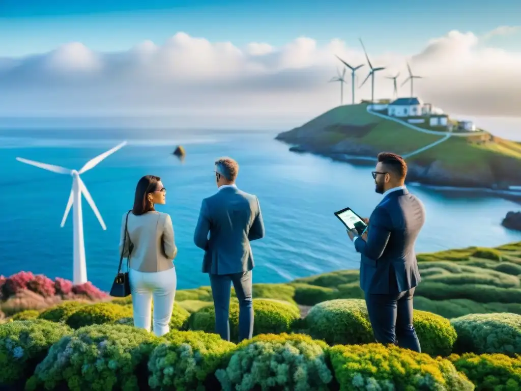 Inversiones sostenibles en el mercado costero: arquitectura futurista, profesionales colaborando y un horizonte marino vibrante