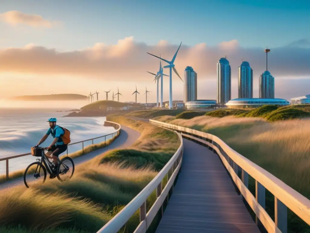 Innovación sostenible en ciudad costera al atardecer Inversiones sostenibles en propiedades costeras: Skyline urbano con energías renovables al atardecer, gente disfrutando de actividades ecofriendly
