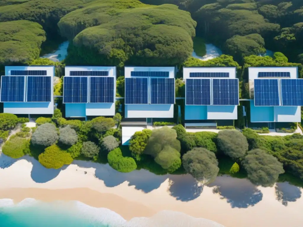 Desarrollo costero sostenible: armonía entre naturaleza y comunidad eco Inversiones sostenibles en propiedades costeras: Desarrollo costero sostenible con paneles solares, jardines verdes y centro comunitario ecoamigable