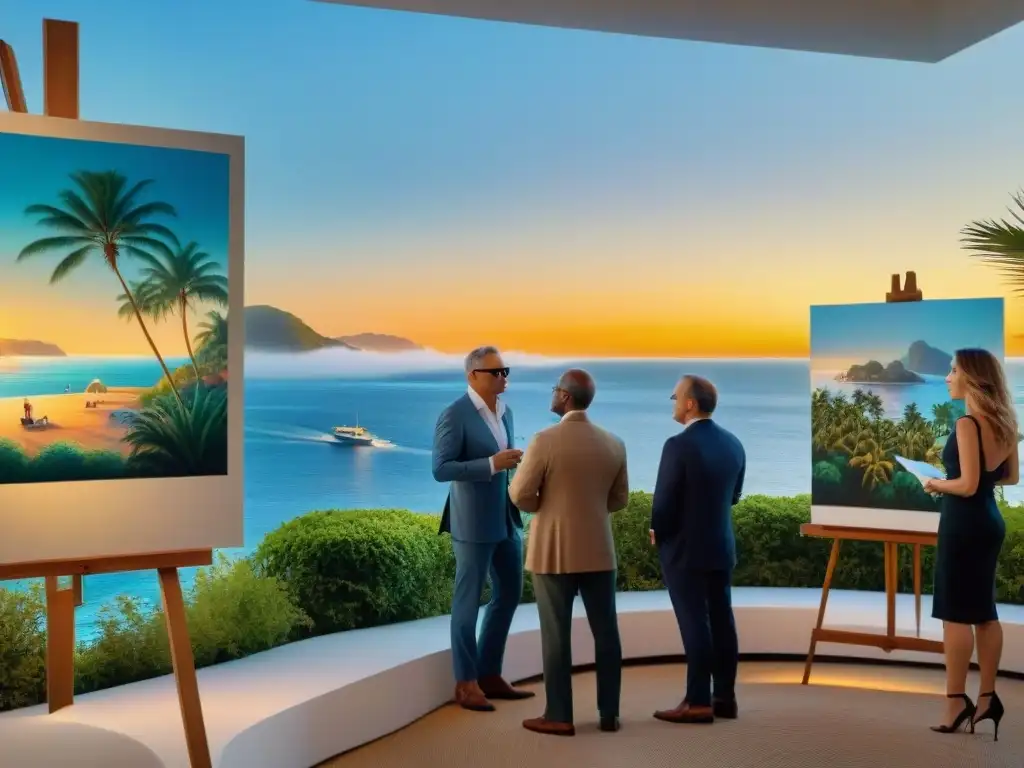 Coleccionistas de arte disfrutan del atardecer en galería costera Inversionistas y coleccionistas de arte discuten oportunidades mercado global islas costeras en galería de lujo al atardecer