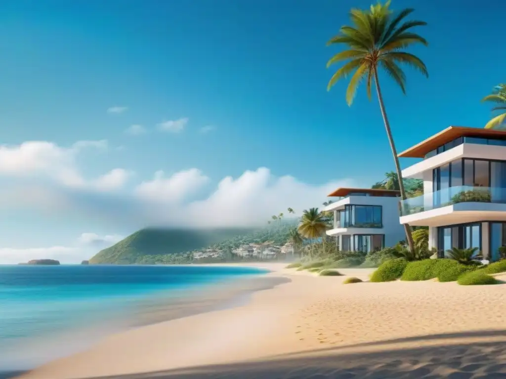 Inversionistas inmobiliarios exploran mercado costero de lujo Inversionistas debaten frente al mar, rodeados de propiedades lujosas y palmeras