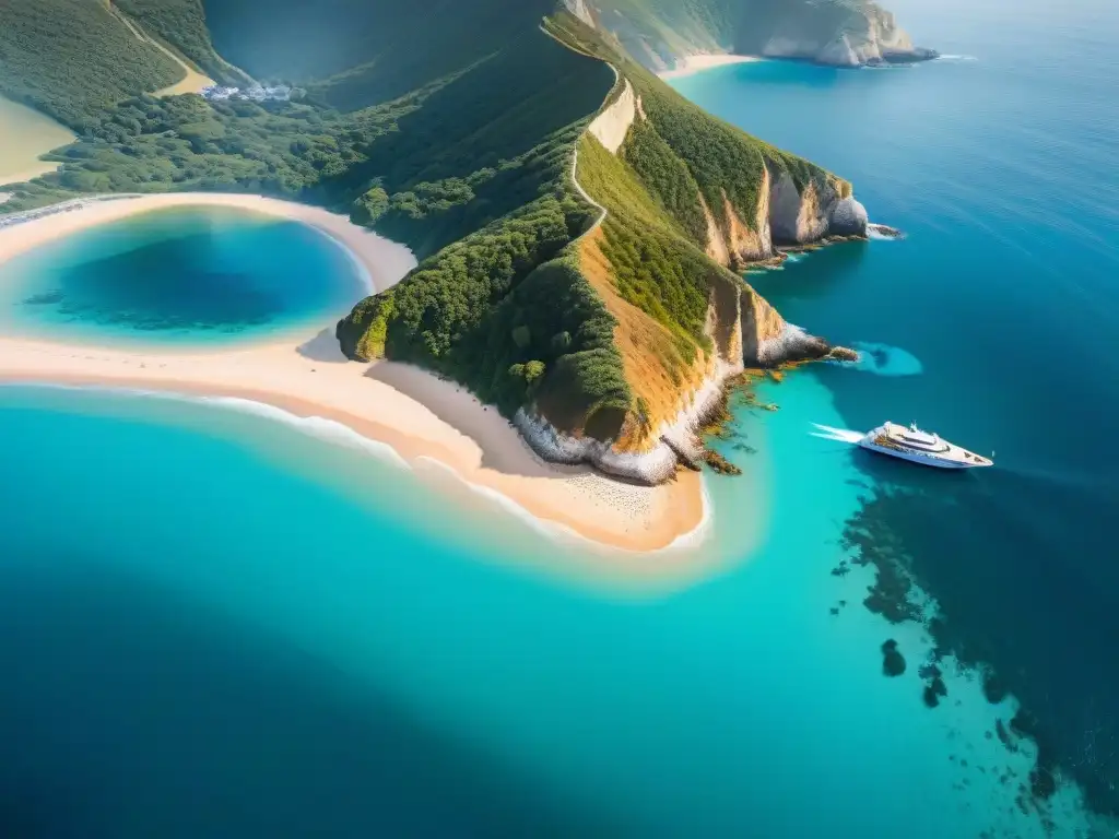 Costa impresionante: desarrollo y belleza natural Inversor desarrollo costero oportunidades: Costa impresionante con playas, acantilados y aguas cristalinas, barcos y turistas disfrutando