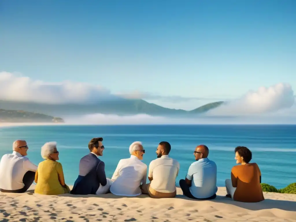 Inversores debatiendo en la playa: crowdfunding inmobiliario Inversores diversificados discuten animadamente en la playa sobre Crowdfunding inmobiliario en comunidades costeras