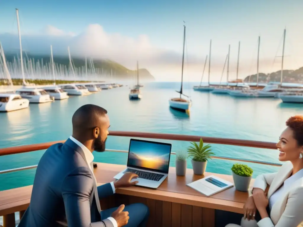 Inversionistas colaborativos en muelle costero Inversores discutiendo estrategias de inversiones costeras a través crowdfunding en un muelle soleado y animado