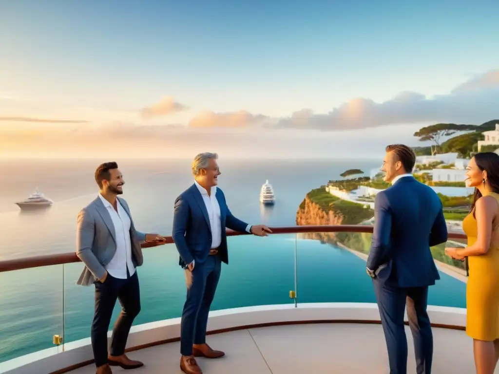 Inversionistas exitosos planeando en propiedad costera de lujo Inversores exitosos debaten estrategias en lujosa propiedad costera al atardecer