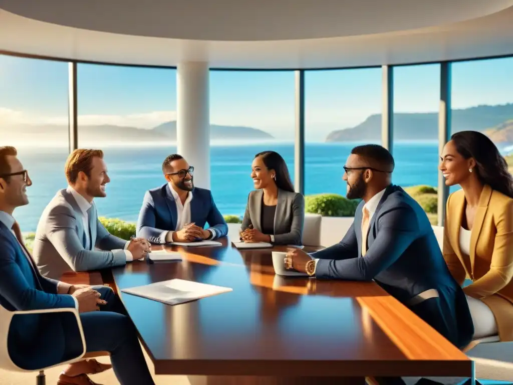 Inversores inmobiliarios debaten proyectos frente al mar en moderna oficina Inversores inmobiliarios diversificados discuten proyectos costeros en moderna oficina con vista al mar