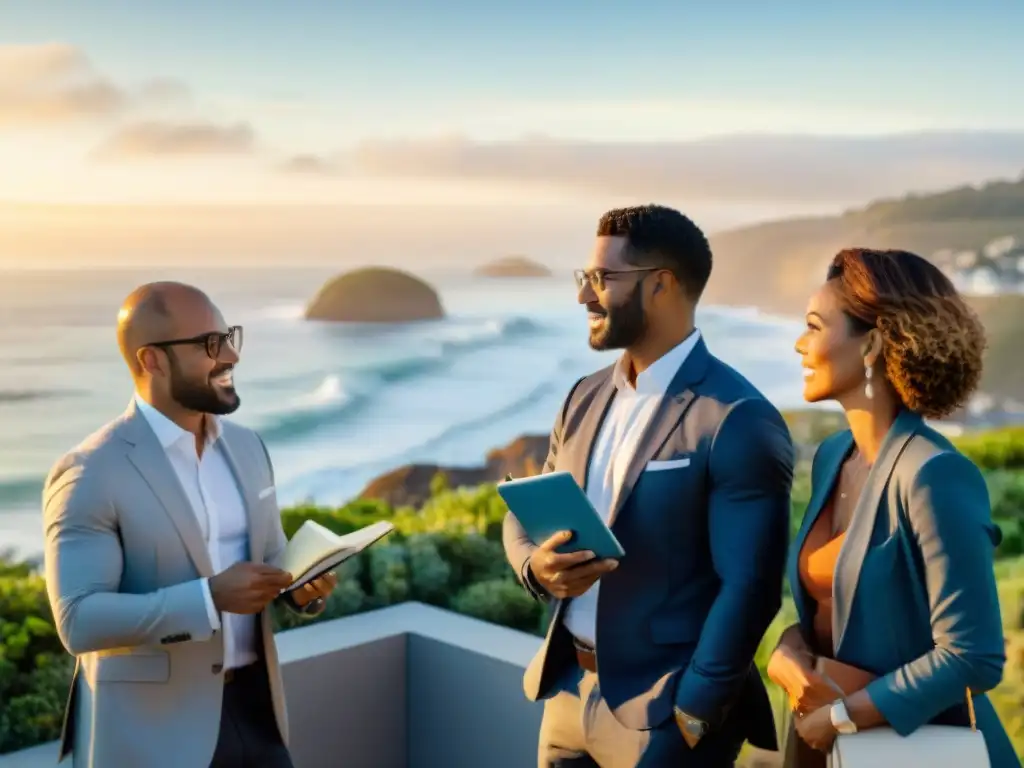Inversionistas colaborativos en desarrollo costero Inversores debaten sobre inversiones costeras a través crowdfunding en desarrollo inmobiliario junto al mar al atardecer