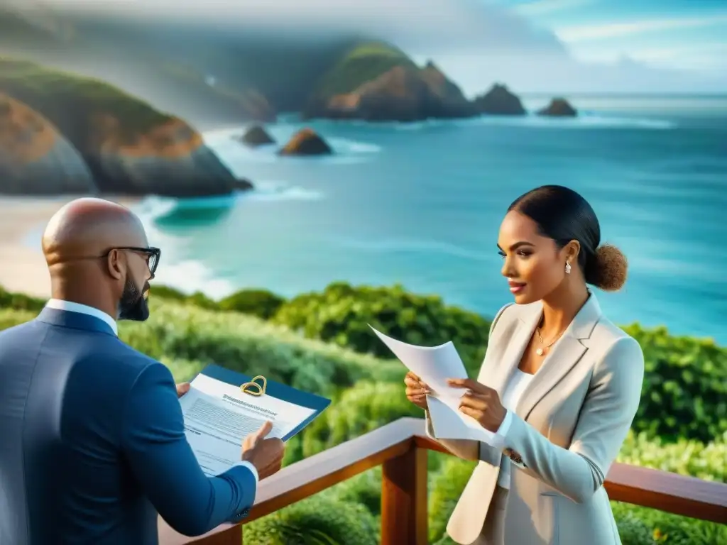 Inversores inmobiliarios consultando expertos legales en propiedad costera Inversores analizando leyes inmobiliarias costeras con profesionales en propiedad frente al mar
