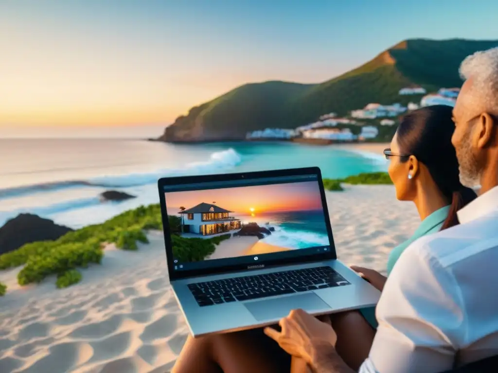 Inversores unidos: Oportunidades en crowdfunding inmobiliario frente al mar Inversores diversos colaboran en plataforma de crowdfunding inmobiliario costero en lujosa propiedad frente al mar al atardecer