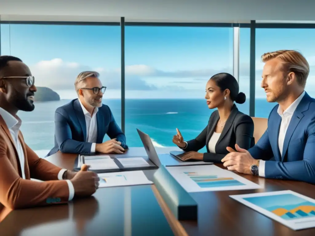 Inversores enfocados en estrategias de inversión costera Inversores en traje de negocios discuten estrategias de Inversiones costeras a través crowdfunding en moderna sala de juntas con vista al mar