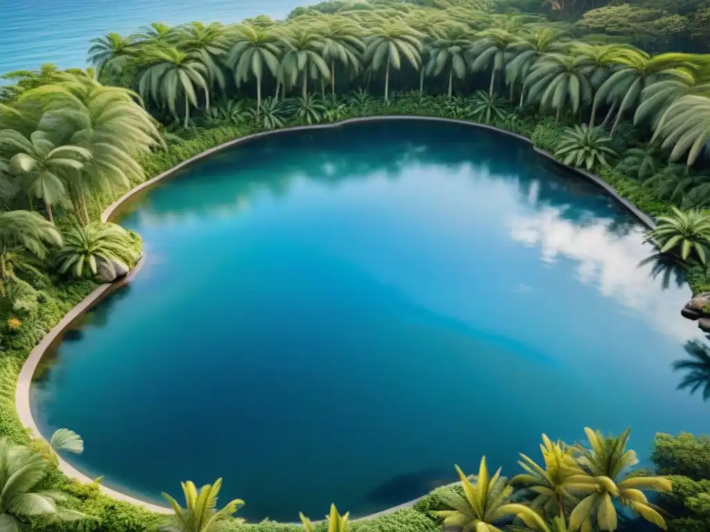 Jardín costero: oasis de tranquilidad y belleza natural Un jardín costero con elementos de agua relajantes: verde exuberante, laguna tranquila, cascadas y paz