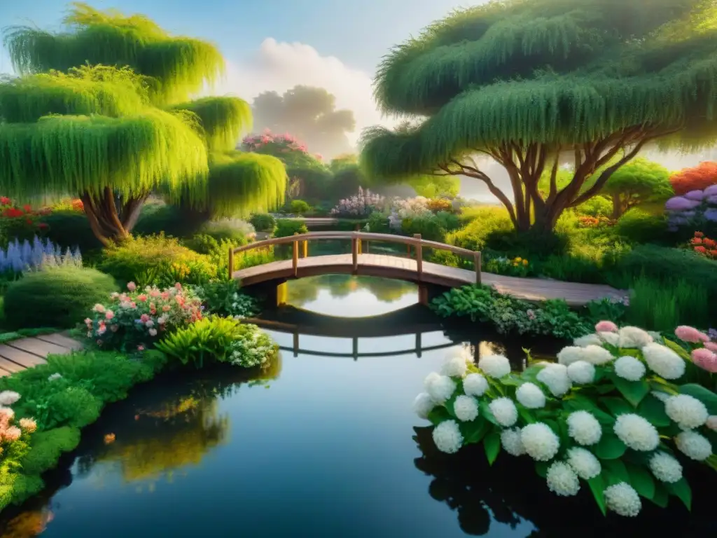Oasis costero: jardín sereno con estanque y puente de madera Un jardín costero con elementos de agua relajante, rodeado de vegetación exuberante y árboles de sauce, iluminado por la luz del sol