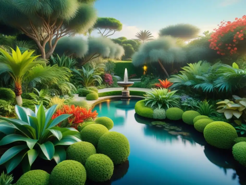 Jardín costero sereno con elementos acuáticos Un jardín costero con elementos de agua relajantes y exuberante vegetación, creando una atmósfera de paz y armonía