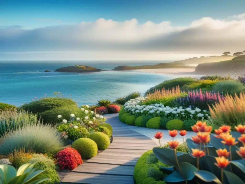 Jardín costero: armonía de plantas nativas y flores vibrantes frente al mar Un jardín costero con plantas nativas y flores vibrantes, en armonía con el mar