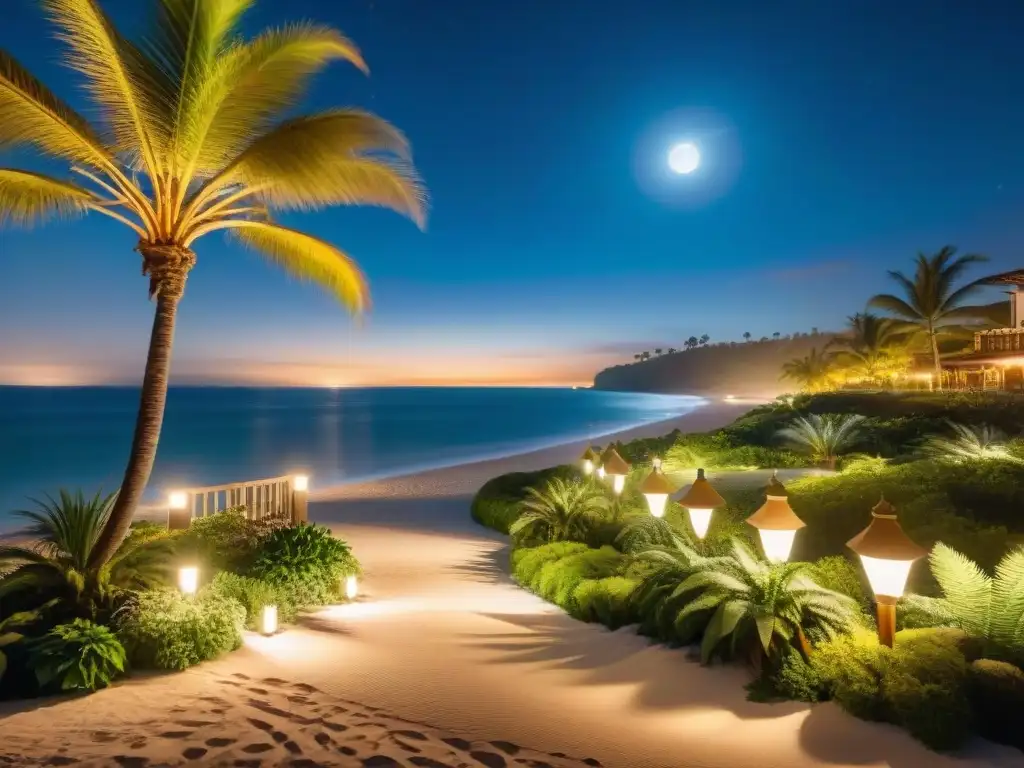 Jardín costero iluminado: un oasis mágico junto al mar Un jardín costero transformado en un oasis de ideas, iluminado por suaves luces cálidas que guían hacia la costa