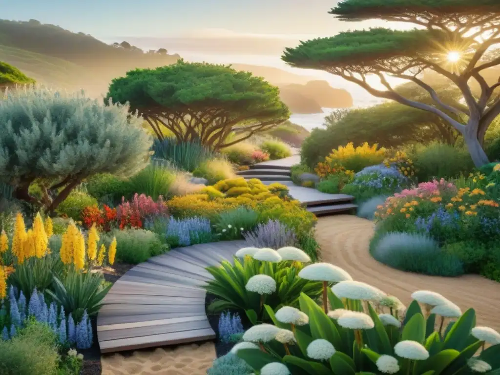 Jardín costero sostenible: biodiversidad y belleza eco-friendly Jardines costeros sostenibles ecológicos rebosantes de vida natural y coloridas mariposas y abejas polinizando flores