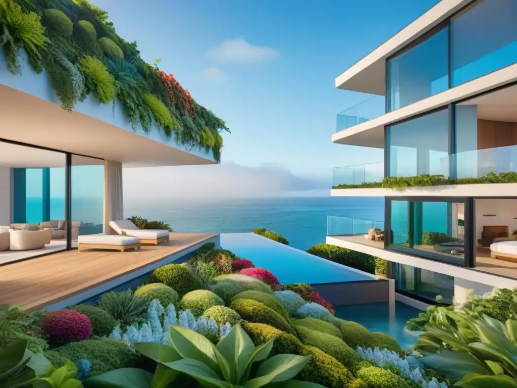 Propiedad costera: jardines verticales en armonía Jardines verticales adornan moderna construcción costera con exuberante vegetación, creando armonía natural y arquitectónica