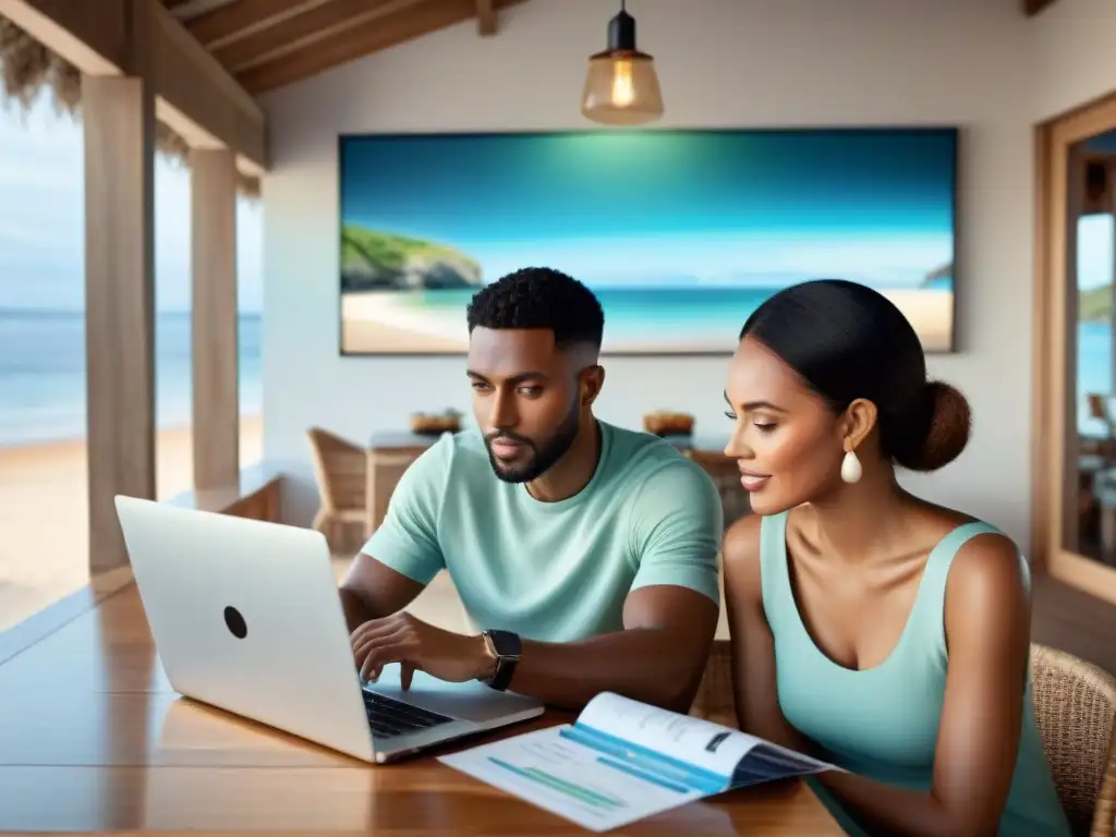 Pareja revisando informes financieros con determinación en café playero Jóvenes revisan informes financieros en café playero para construir historial crediticio comprar casa