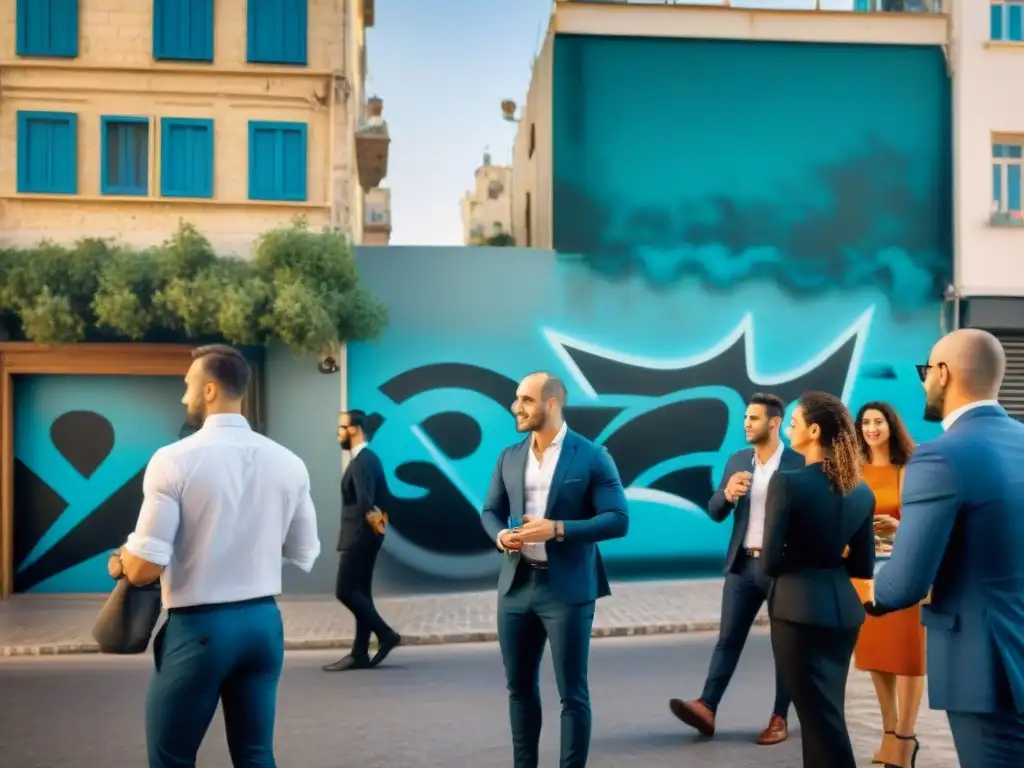 Café moderno en Tel Aviv: Jóvenes profesionales en animadas discusiones Jóvenes profesionales discuten animadamente en una bulliciosa calle de Tel Aviv capital costera innovadora