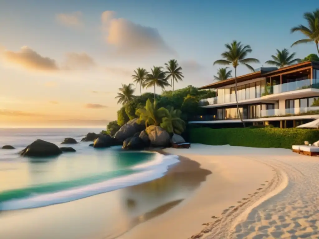 Hotel boutique de lujo en la costa al atardecer Una joya de hotel boutique en la costa al atardecer, lujo y exclusividad