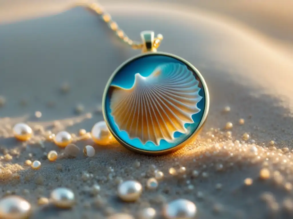 Colgante de Concha Brillante con Perlas: Elegancia Marina Una joya marina brillante con detalles delicados y perlas, sobre arena iridiscente, con brillos de luz y sombra