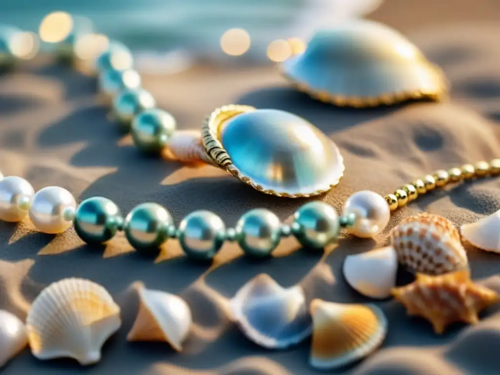 Collar de perlas y conchas marinas: belleza costera Colección de joyas conchas marinas con collar de perlas y elegantes detalles marinos