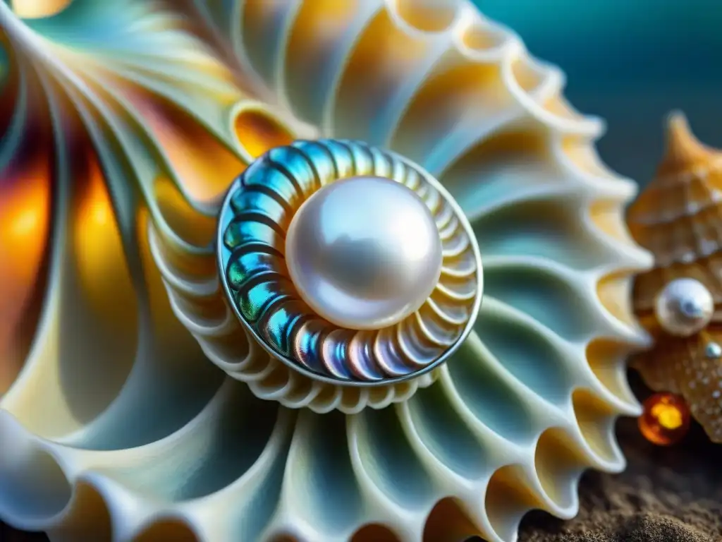 Joyas de perlas y conchas: un tesoro marino radiante Colección joyas conchas marinas: Detalle de una perla iridiscente en una concha espiral, reflejando la belleza natural