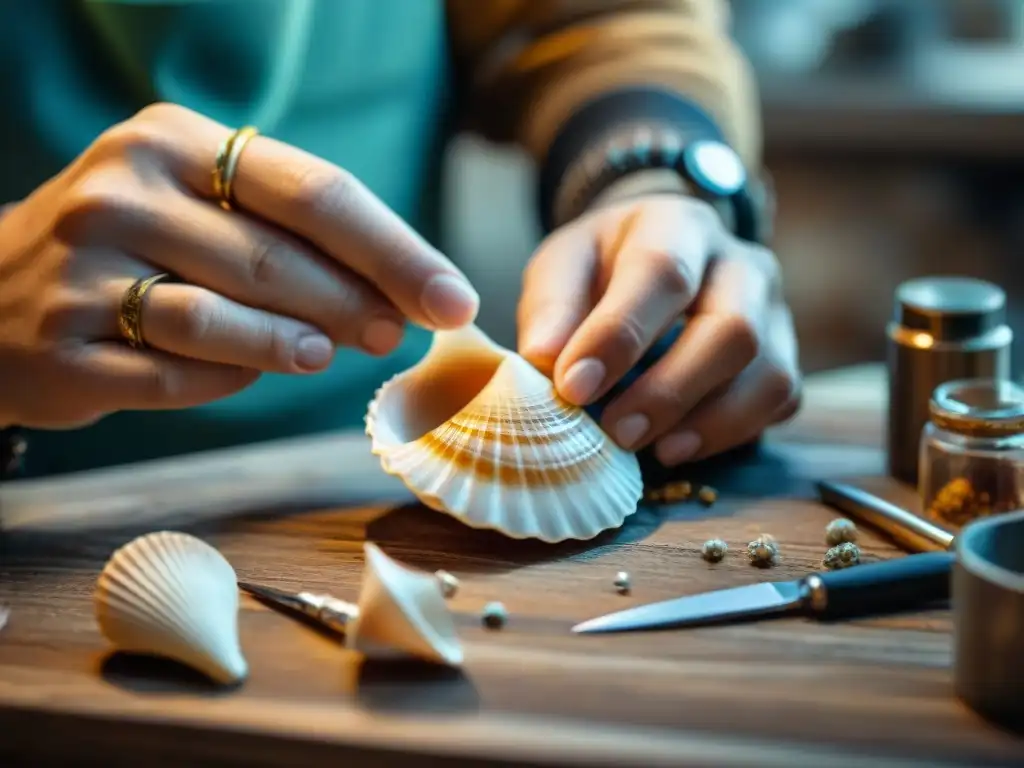 Artesano experto creando colgante de concha marina Un joyero experto crea un collar de concha marina en su taller rústico
