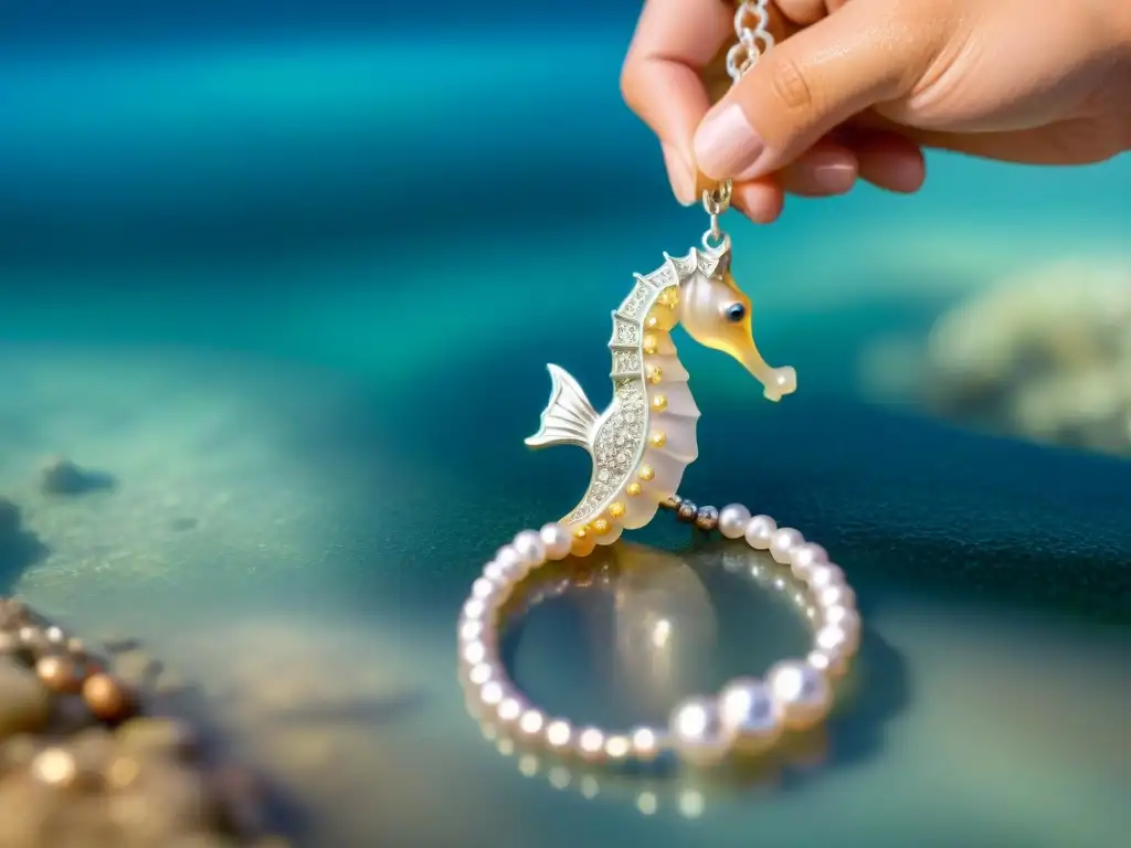 Creación de collar de perlas inspirado en el mar Un joyero experto crea un collar de perlas inspirado en el mar, con propiedades costeras vida junto mar