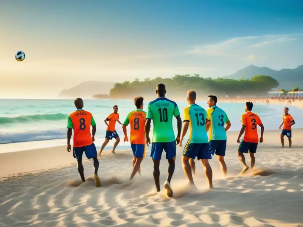 Partido de fútbol en la playa: alegría y diversión bajo el sol Juego apasionante de fútbol playa, con coloridos jugadores y público variado disfrutando en la costa
