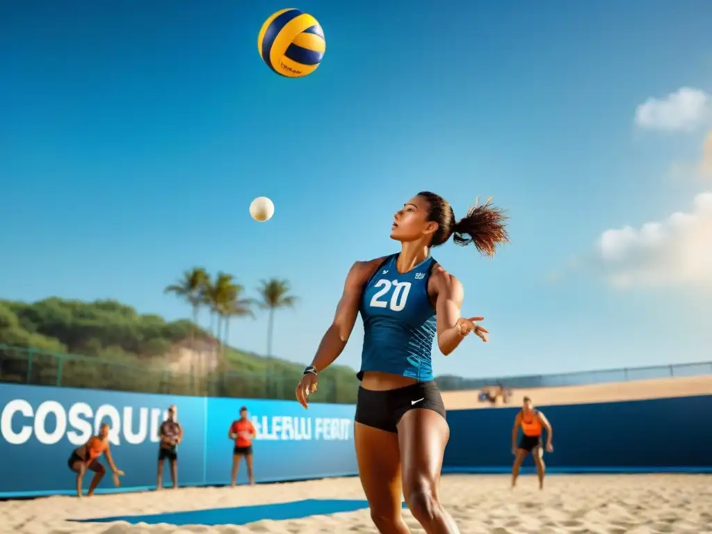 Jugadora de vóley playa ejecuta saque perfecto bajo el sol radiante Jugador de vóley playa ejecutando un saque perfecto bajo el sol brillante en una cancha pintoresca, transmitiendo intensidad y habilidad