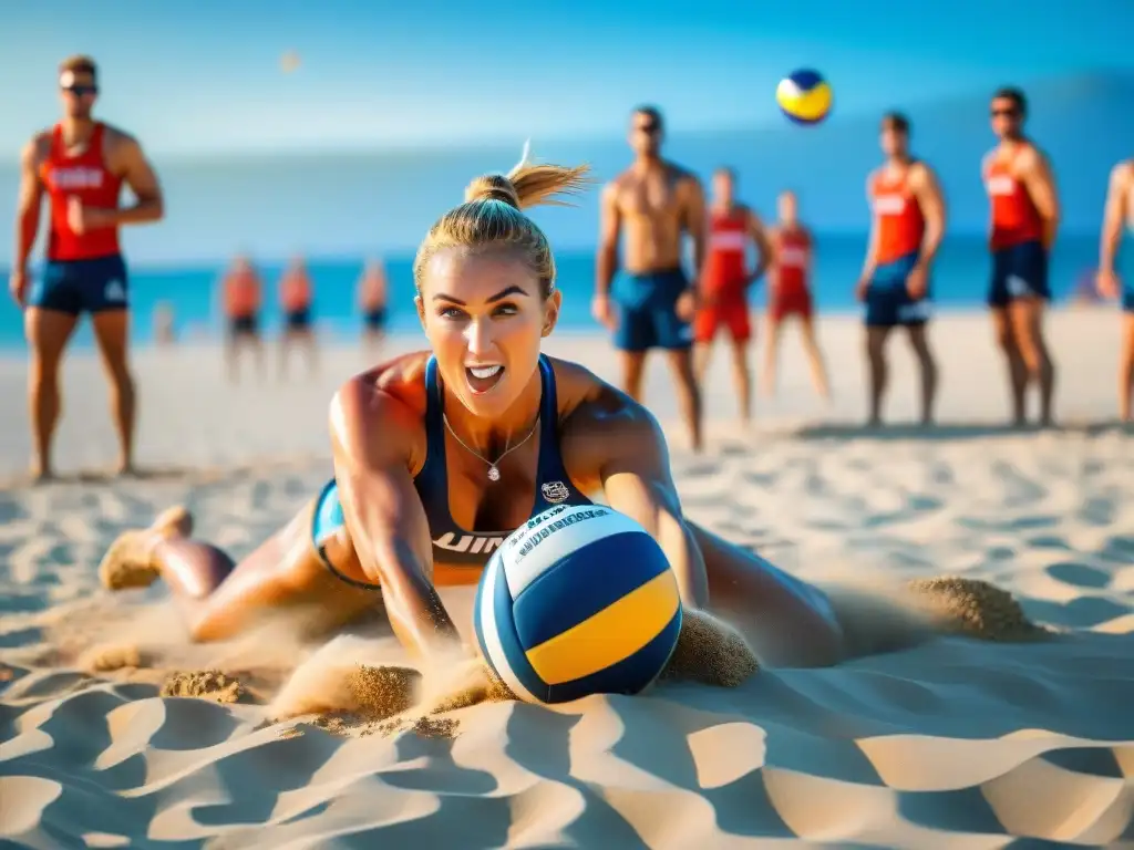 ¡'Jugador de vóley playa en acción salvadora bajo el sol brillante'! Un jugador de vóley playa profesional se lanza en la arena en un intenso partido bajo el sol