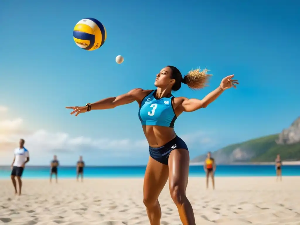 Remate perfecto: jugador de vóley en la playa 'Jugador de beach volleyball ejecuta un saque perfecto en la playa, mostrando intensidad y destreza
