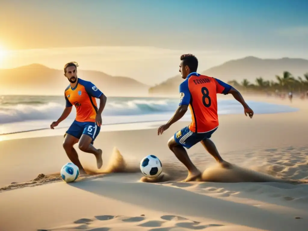 Intensa pasión: Jugadores de fútbol playa en acción al atardecer Jugadores de fútbol playa en acción al atardecer, mostrando pasión y destreza