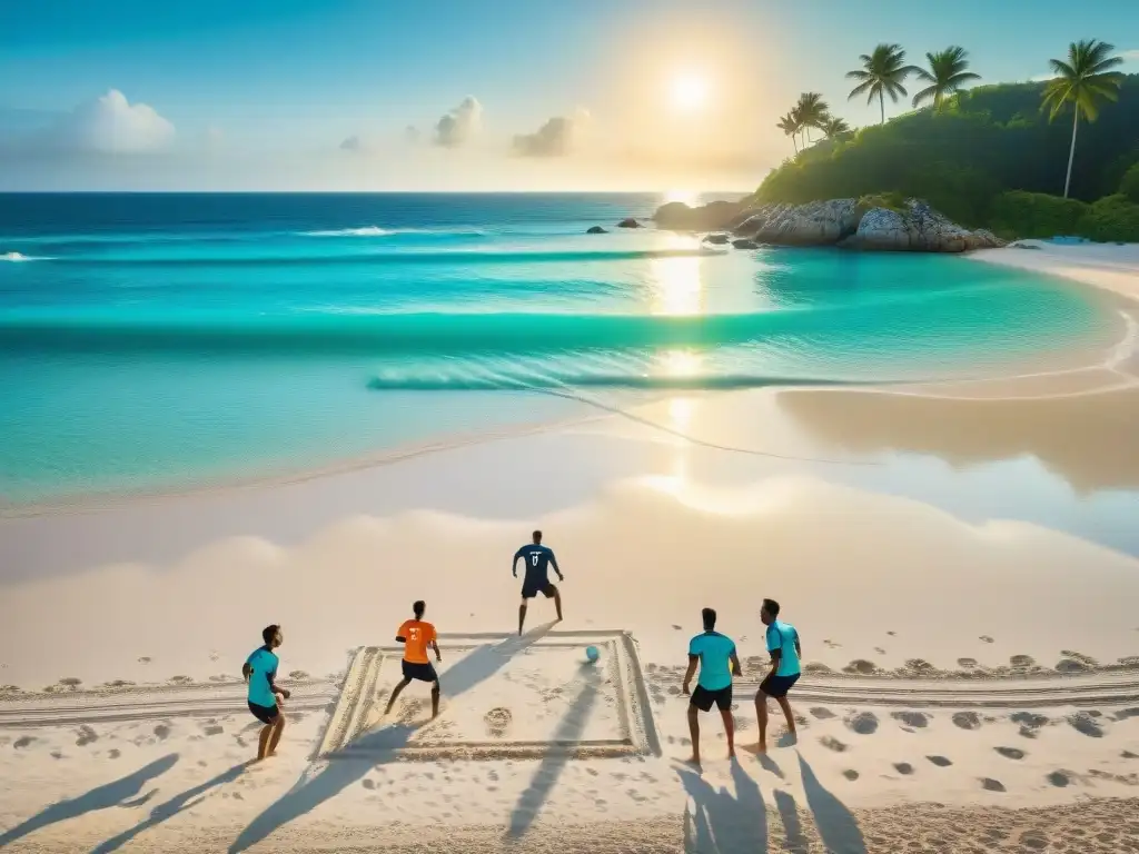 Juego de beach soccer en playa paradisíaca Jugadores de fútbol playa disfrutan de un vibrante partido en la costa, mostrando la emoción del juego