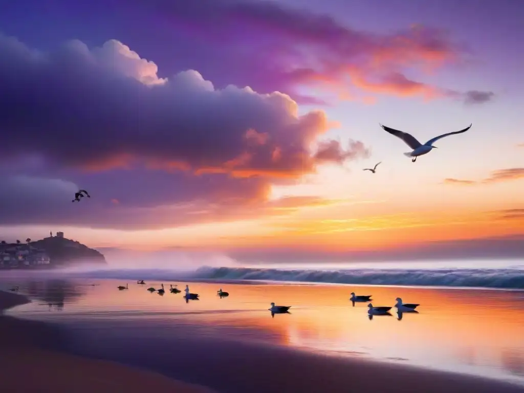 Espectacular amanecer sobre el mar: colores dorados y serenidad costera Vivir junto al mar historias: Amanecer dorado sobre el océano tranquilo con pueblo costero al fondo y gaviotas en vuelo sereno