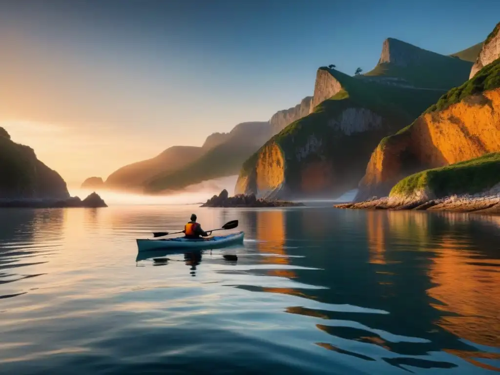 Paz en el mar: kayakista al atardecer Un kayaker solitario disfruta del atardecer en aguas tranquilas rodeado de acantilados, con seagulls sobrevolando