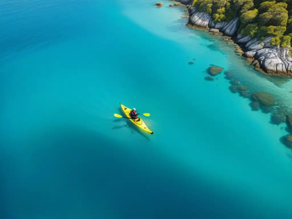 Kayaker explorando aguas turquesas: serenidad costera Un kayaker disfrutando de la tranquilidad del mar abierto rodeado de un paisaje costero