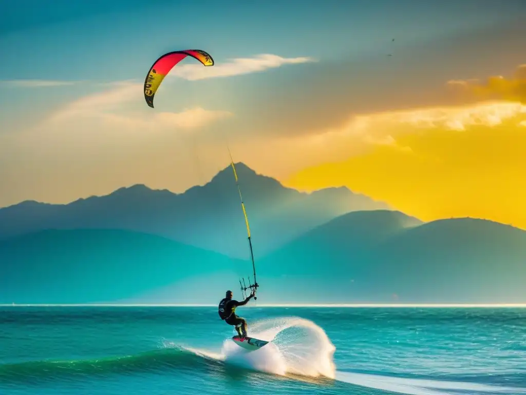 Kitesurfista al atardecer: aventura y tranquilidad en aguas turquesas Un kitesurfista surca aguas turquesas al atardecer en uno de los mejores spots de kitesurf costeros