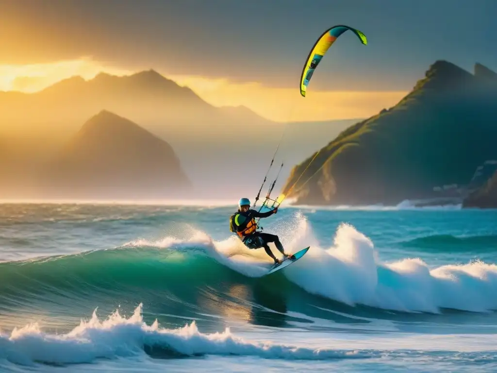Kitesurfista experto surcando olas al atardecer Kitesurfista experto surfeando olas al atardecer en uno de los mejores spots de kitesurf costeros