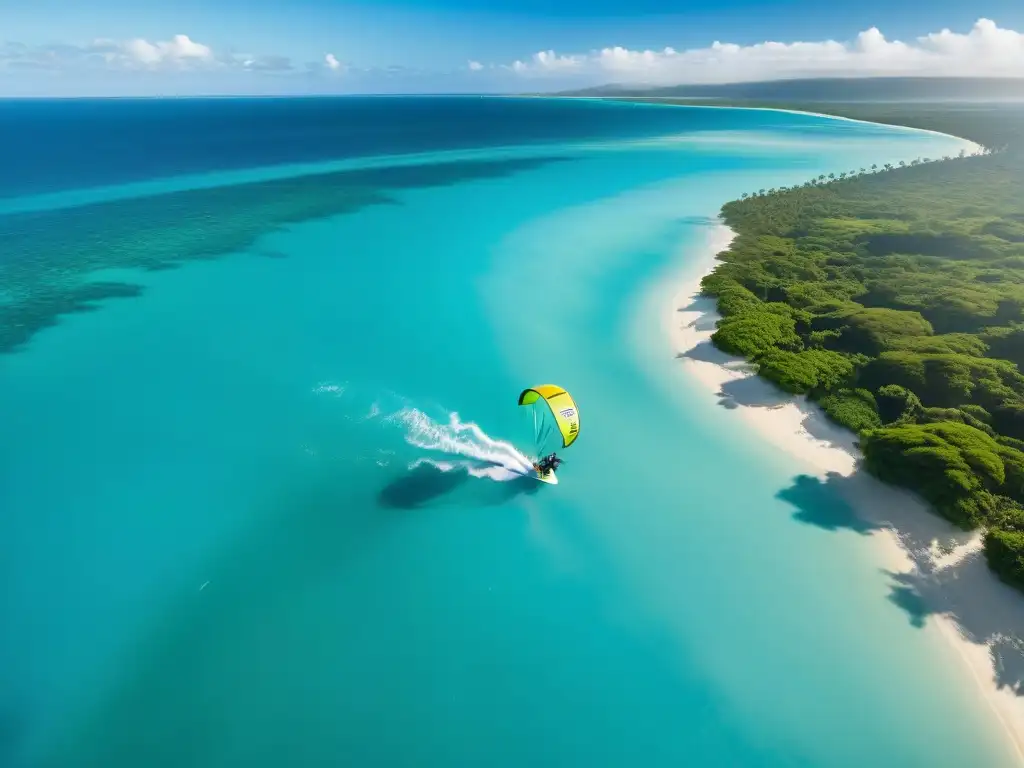 Kitesurfista en acción: libertad y belleza en 8k Kitesurfista en acción en uno de los mejores spots de kitesurf costeros