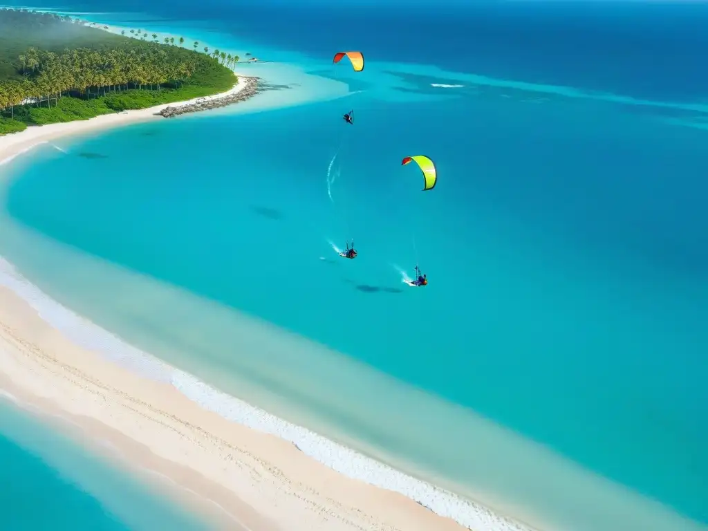 Kite surfers en acción: vista aérea impresionante Kitesurfistas en uno de los mejores spots de kitesurf costeros, entre aguas turquesas y palmeras verdes