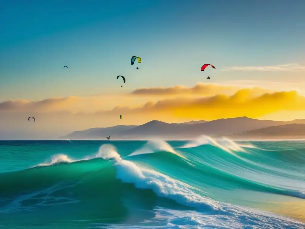 Kitesurfistas en Tarifa: aventura y libertad en aguas cristalinas Kitesurfistas en Tarifa disfrutan en uno de los mejores spots de kitesurf costeros, bañados por la luz dorada del atardecer