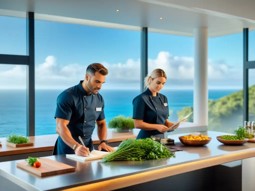 Clase de cocina costera: aprendizaje gourmet junto al mar Un laboratorio culinario costero con chef y estudiantes, en un amplio espacio luminoso y moderno