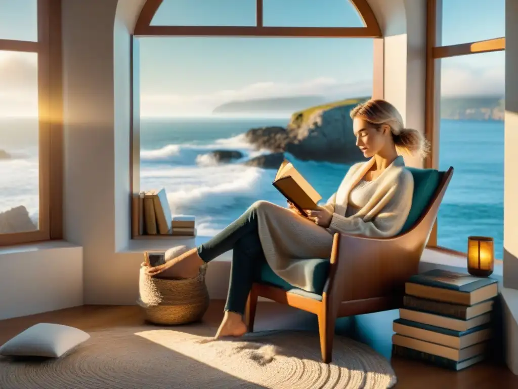 Rincón de lectura acogedor en acantilado con vista al mar Un rincón de lectura acogedor en la costa, con libros, manta y vista al mar, inspirando serenidad y calma